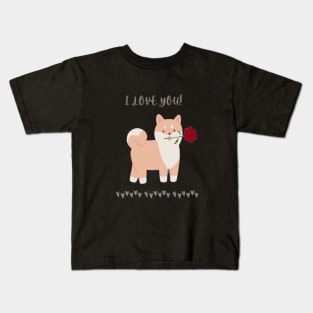 Puppy Dog with a Red Rose, I Love You Kids T-Shirt